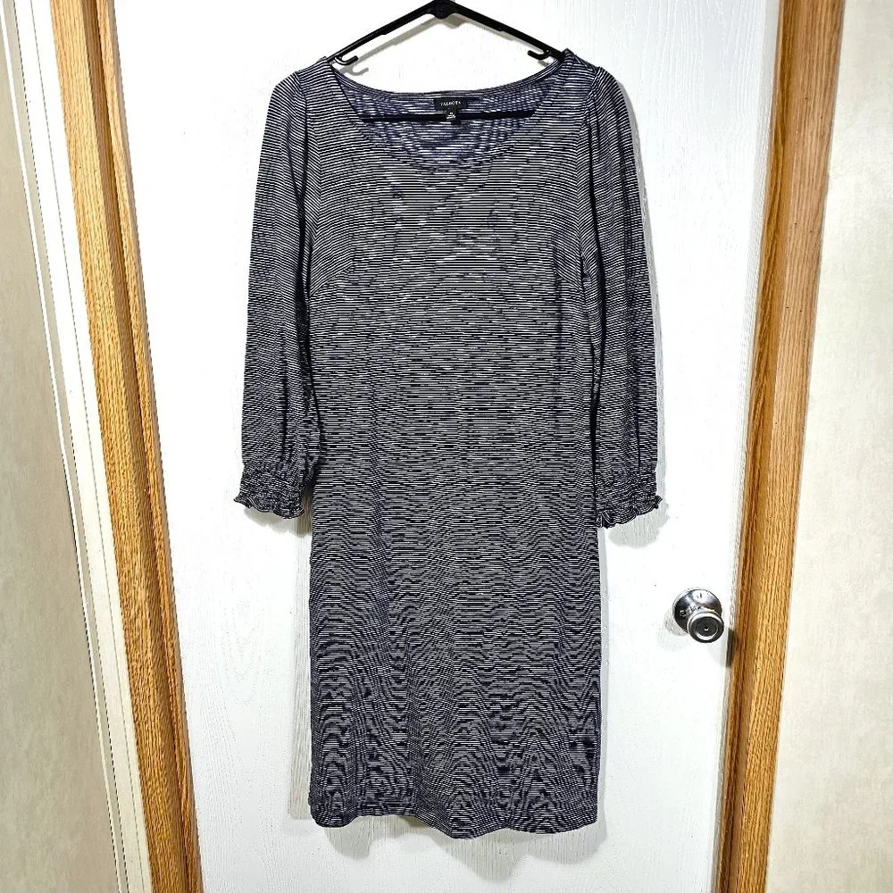 TALBOTS NAVY BLUE & WHITE Striped Cotton Boho Long Sleeve Sheath Dress Size M - Picture 2 of 6